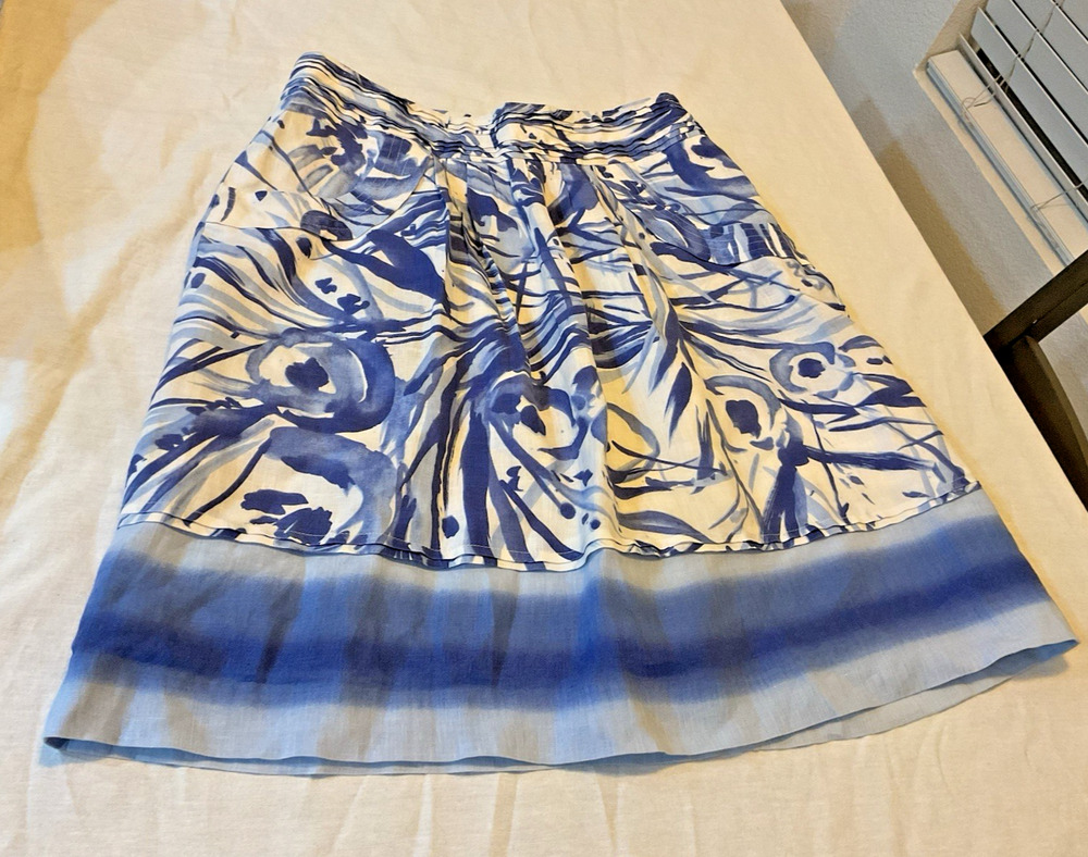 Carlisle Womens Size 4 Blue White Floral Watercolor A-Line Skirt Pleated Midi